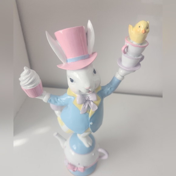 Easter Bunny Mad Hatter Balancing On A Teapot Spring Decor 14 In - Picture 4 of 10